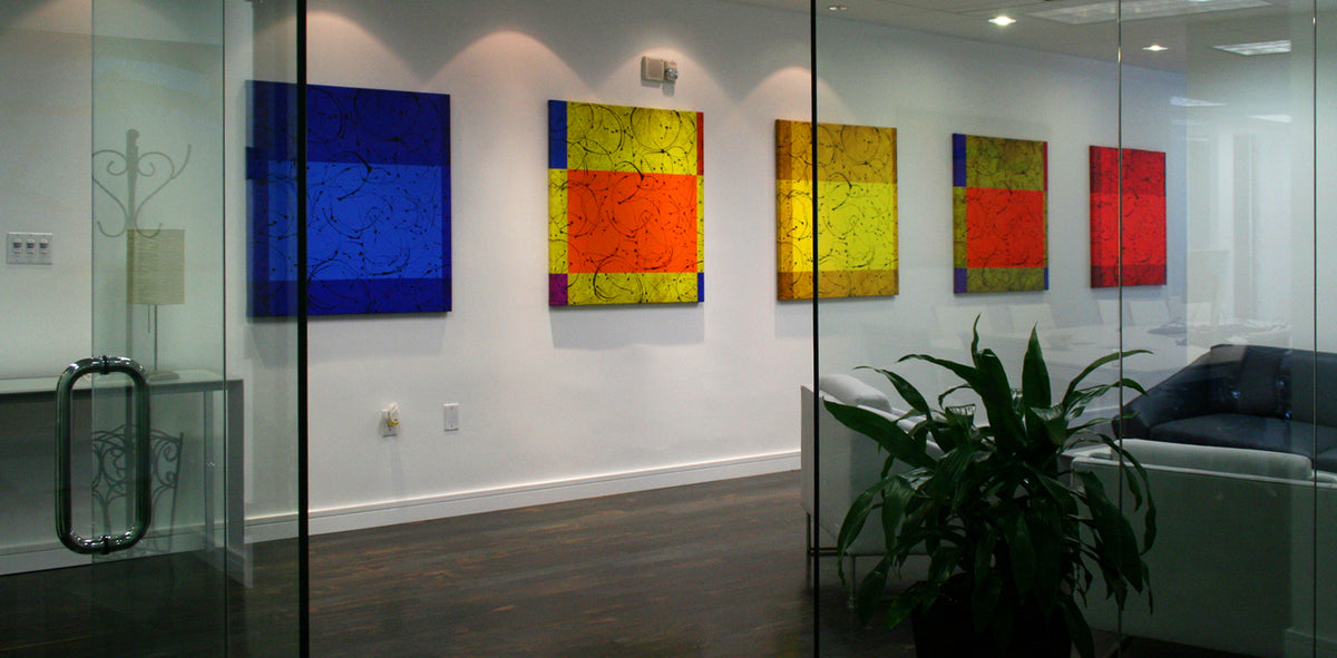 Three-panel work installed in an executive office