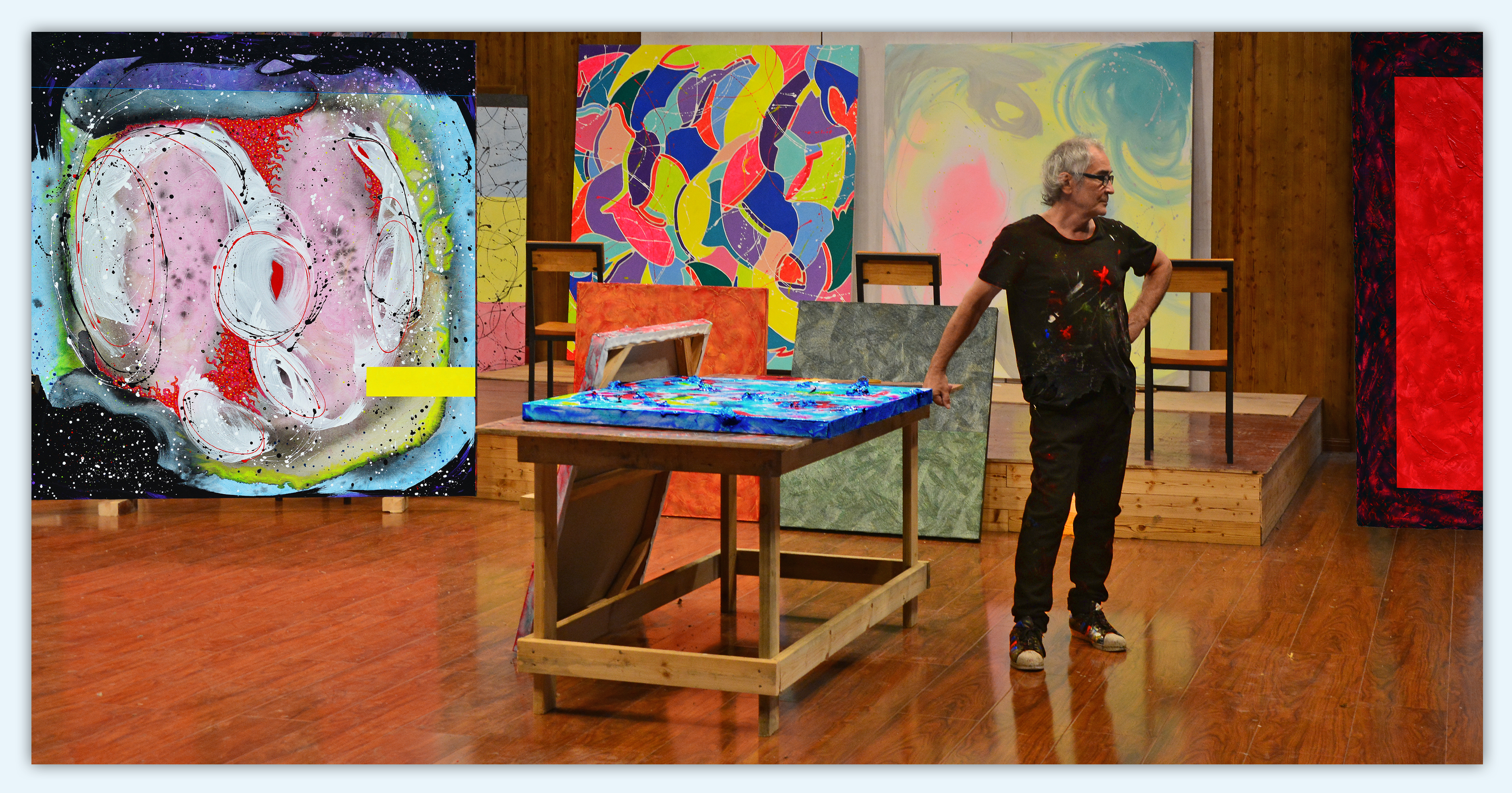 Cerj Lalonde in the studio surrounded by works in progress